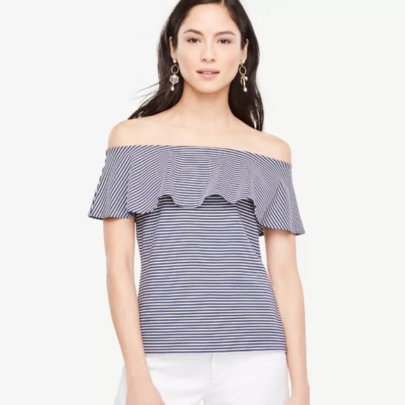 Ann Taylor Tops - Ann Taylor Navy Blue Striped Off Shoulder Top XS